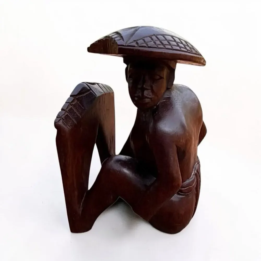 Vintage MCM Polynesian Man Carved Wood Bookend See Pics Of Sombrero